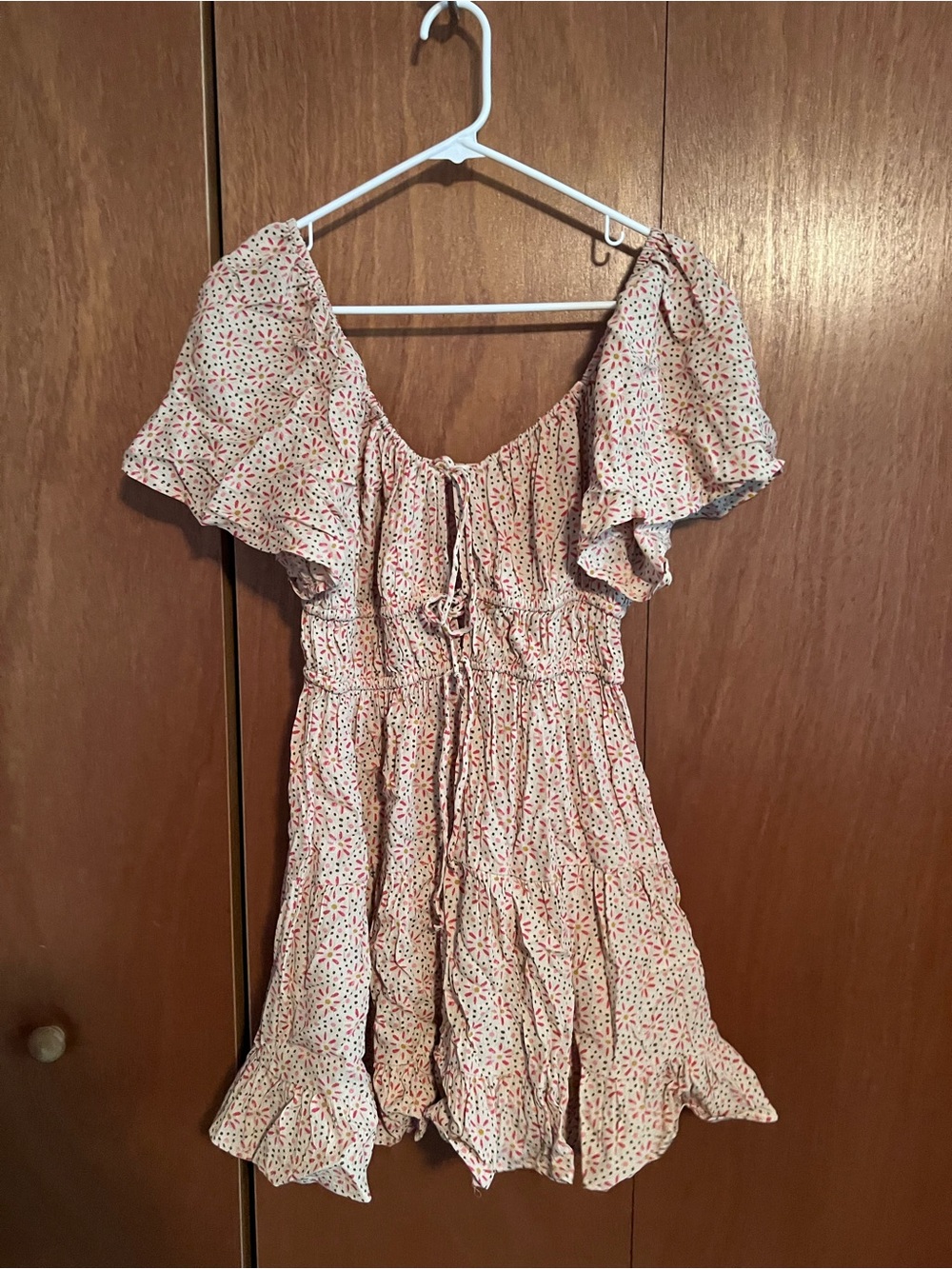 Olivaceous Cream Mini Dress with Pink and Red Floral Print